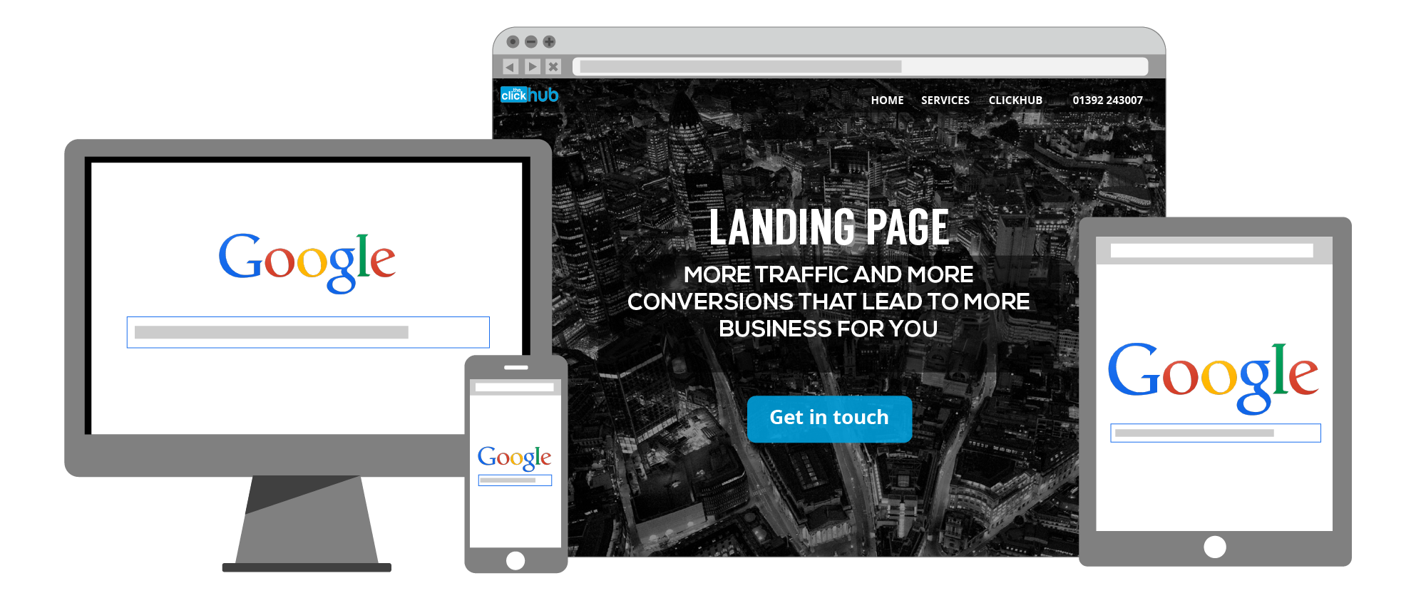 SEO services and SEO Exeter - graphic showing landing page