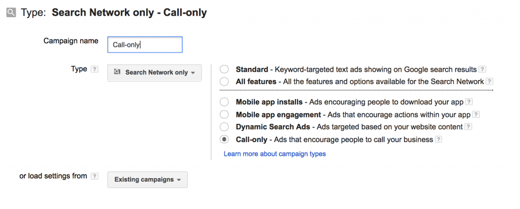 Screenshot of adwords call only-campaign set up