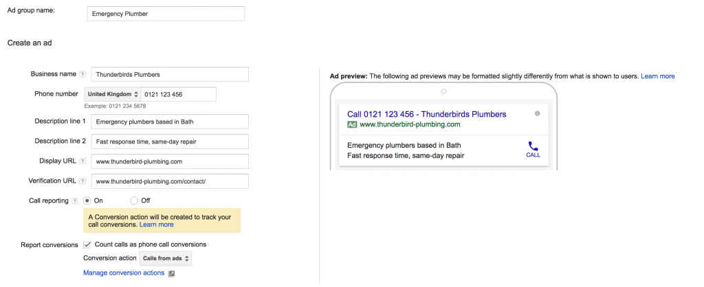 Screenshot of adwords call-only campaign set up