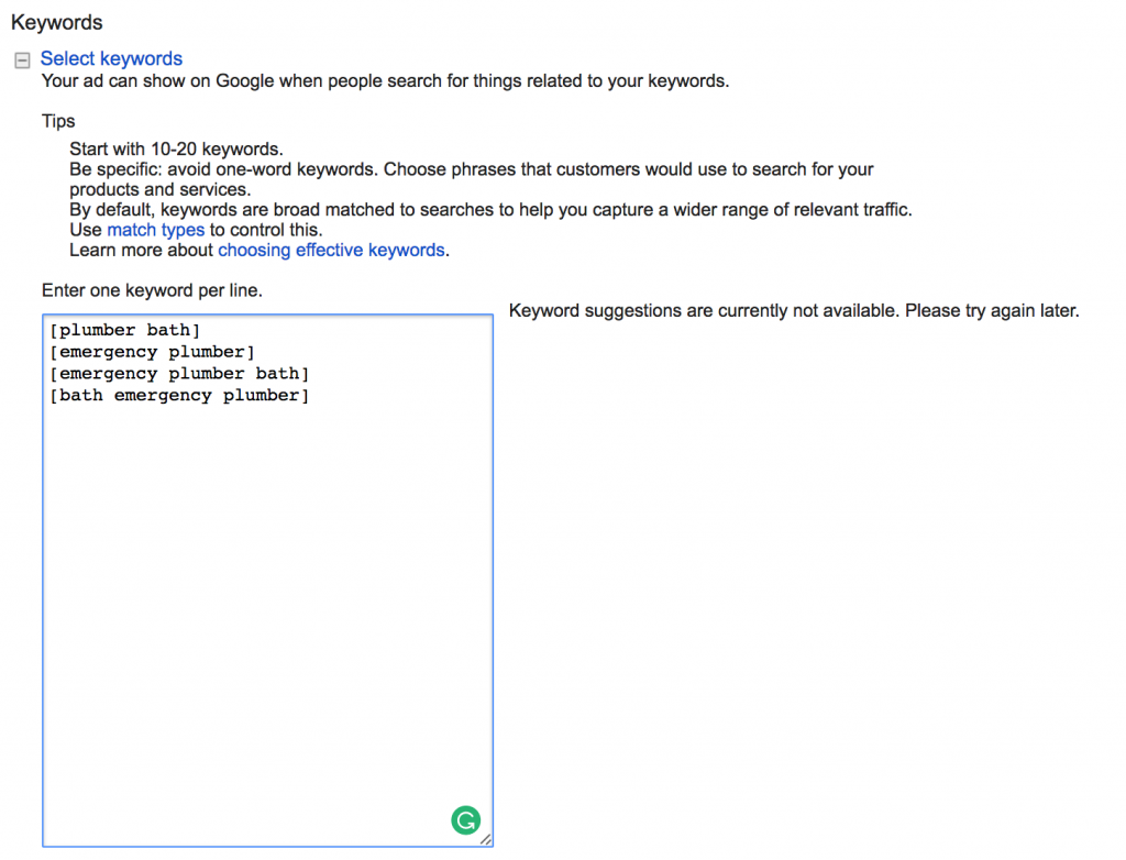 Screenshot of adwords call-only campaign set up